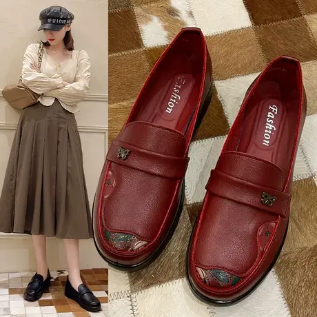 妈妈单鞋女真皮平底休闲皮鞋春夏老年人豆豆鞋舒适软底奶奶鞋红色商品大图