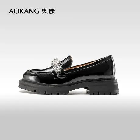 奥康女鞋 春秋款女士单鞋乐福豆豆鞋黑色英伦风小皮鞋真皮商品大图