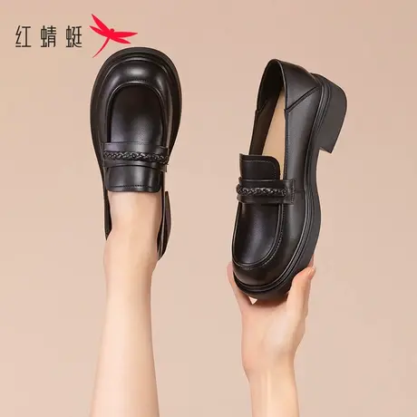 红蜻蜓真皮皮鞋女2023新款秋季中跟女鞋软皮软底单鞋一脚蹬乐福鞋商品大图
