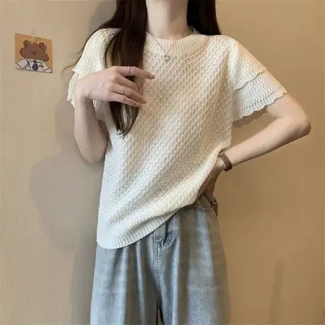 设计感新款夏装女大码胖mm显瘦法式短袖t恤针织衫时尚上衣200斤潮商品大图