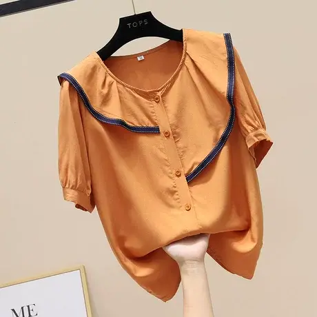 2023夏季新款短袖衬衫花边拼接百褶洋气上衣设计感气质淑女衬衣潮商品大图