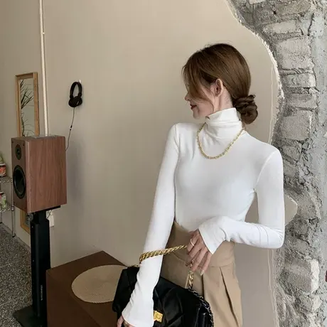 2023新款春秋冬季新款半高领打底衫白色内搭洋气长袖t恤女上衣服商品大图