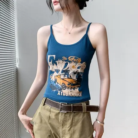 美式复古风印花吊带背心女夏外穿2025新款小众修身内搭无袖上衣女商品大图