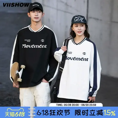 VIISHOW春秋季男士宽松拼接撞色印花圆领长袖T恤简约休闲舒适上衣商品大图