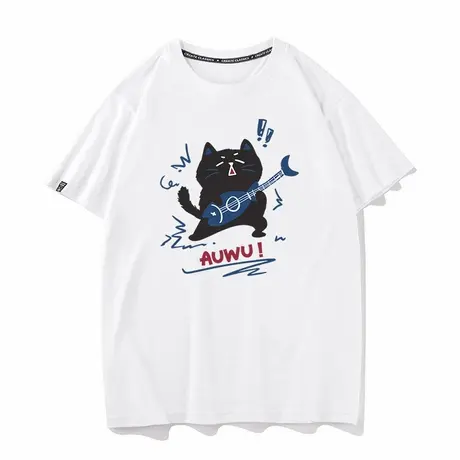 秀洛摇滚猫咪鱼吉他半袖纯棉T恤夏季新款短袖打底衫衣服宽松圆领图片