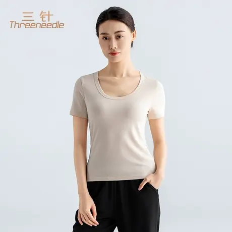 三针罗纹短袖t恤女正肩u领修身夏季新款基础打底衫白色上衣图片