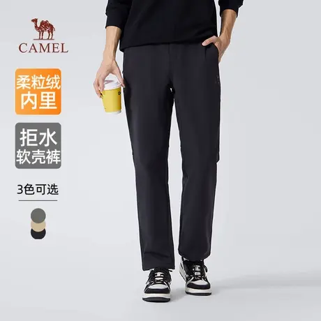 骆驼男装软壳休闲裤男2025新款冬季加绒保暖防泼水黑色休闲长裤子商品大图
