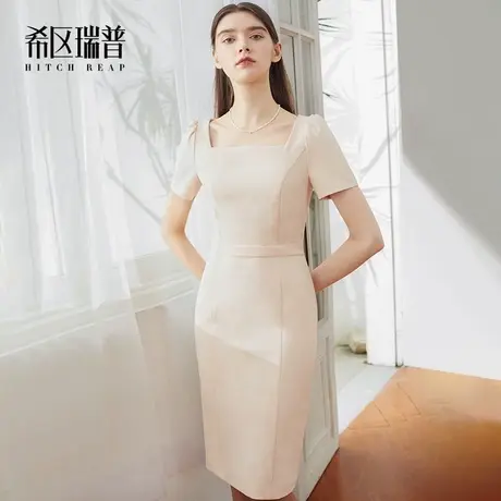 希区瑞普高端方领连衣裙夏季气质时尚短袖修身显瘦裙子法式复古图片
