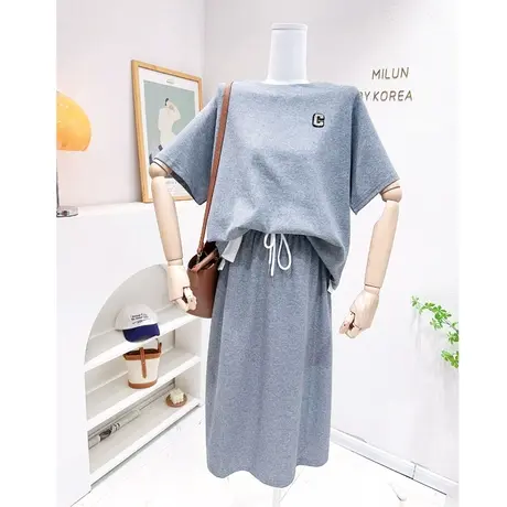 韩国东大门慵懒休闲半身裙套装宽松短袖T恤两件套微胖显瘦运动图片