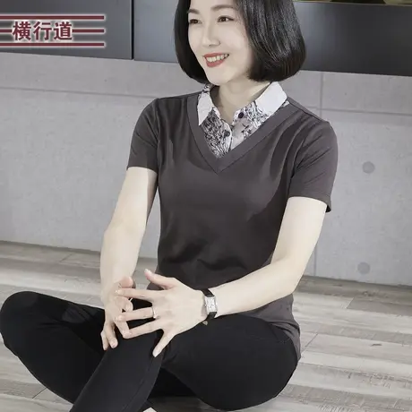 翻领拼接碎花合体假两件短袖T恤女2023夏季新款韩版简约外穿上衣商品大图