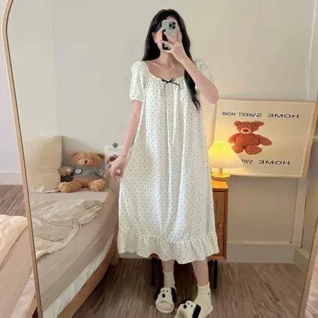 浪莎夏季新款甜美斑点褶皱轻奢睡裙女短袖轻薄透气年轻人棉绸套装商品大图