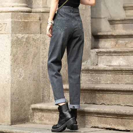 烟灰色高腰牛仔裤女2023年新款秋冬休闲萝卜裤哈伦裤子加绒老爹裤商品大图