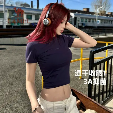骆驼女装短T恤2025夏季新款收腰显瘦时尚印花速干防晒休闲短袖女商品大图