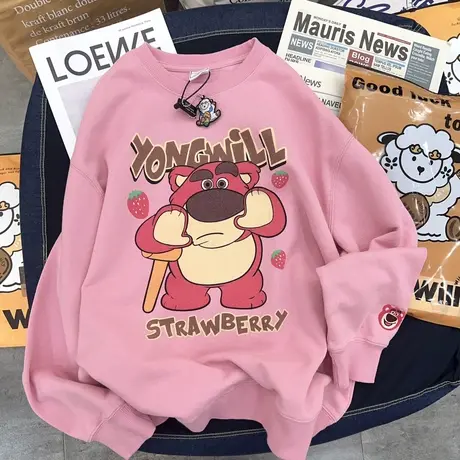 2023春秋装新款韩版卡通无感印花宽松圆领毛圈卫衣女薄款外套上衣商品大图