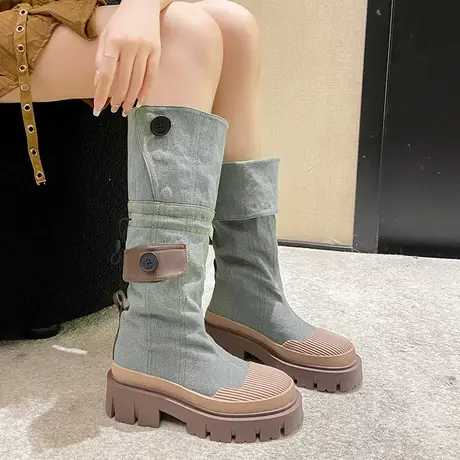 长筒靴女显瘦粗跟高筒靴2023新款粗腿夏季百搭厚底增高西部牛仔靴图片