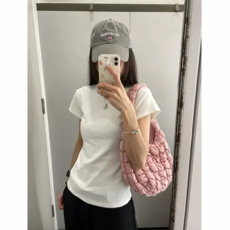 美式正肩短袖t恤女夏季新款白色百搭打底内搭显瘦小众设计感上衣商品大图