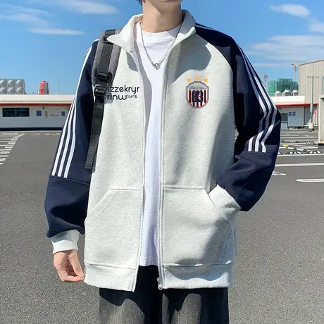 立领卫衣男春秋季2025新款休闲拉链开衫外套ins美式拼接宽松上衣商品大图