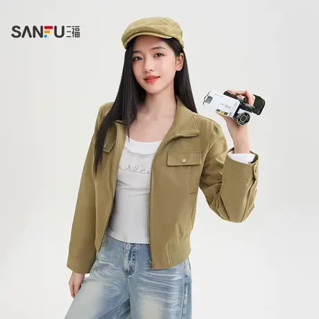 三福单外套2025秋季复古双袋盖装饰宽松立领夹克女装508640图片