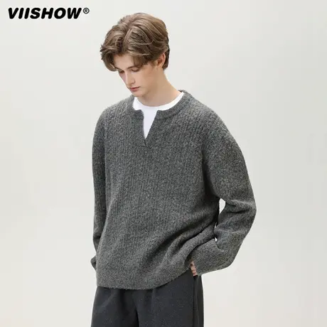VIISHOW小v领毛衣男秋冬休闲宽松百搭复古潮牌慵懒风针织衫外套商品大图