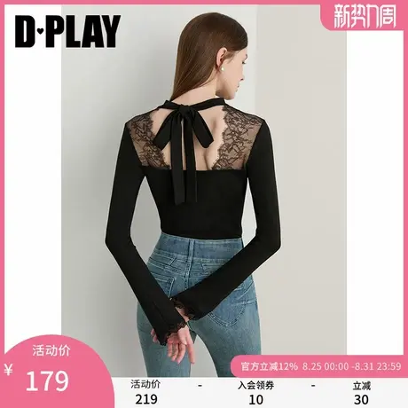 DPLAY2025秋季新款黑色t恤女法式蕾丝拼接独特镂空露背长袖上衣商品大图