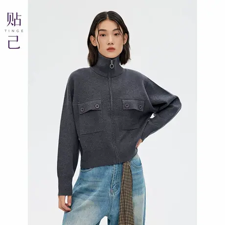 TINGE贴己min系可机洗羊毛针织拉链立领夹克外套女秋冬针织上衣商品大图