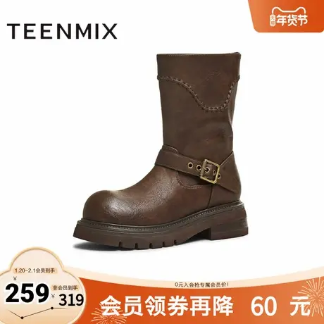 天美意2025冬新款商场同款圆头粗跟复古长靴女骑士靴BM352DZ5图片