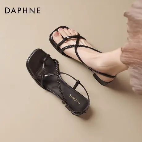 达芙妮粗跟绑带棕色夹趾凉鞋女2026春季新款仙女风法式复古罗马鞋图片