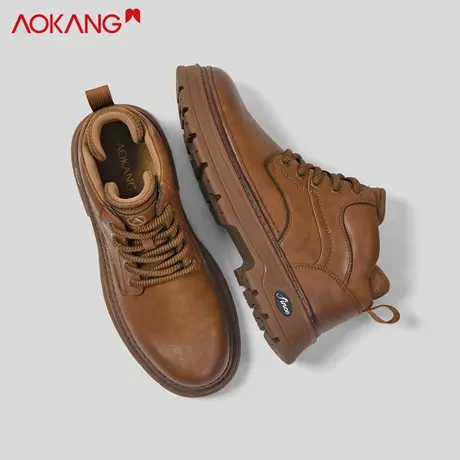 奥康男士真皮马丁靴英伦风中帮厚底系带工装靴复古休闲户外靴高帮图片