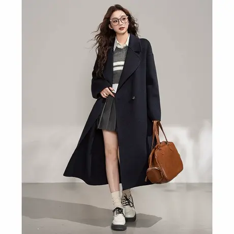 唐狮秋冬季女休闲风呢大衣外套时尚百搭长款大衣圆领拼接设计感tu图片
