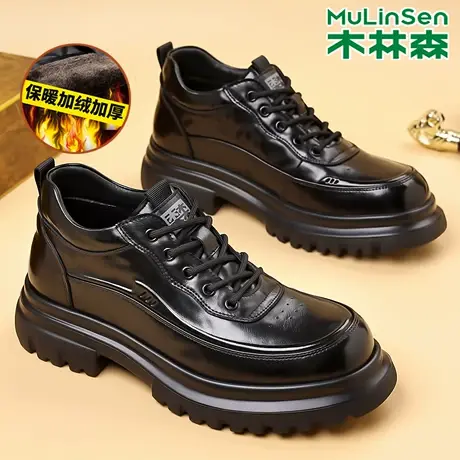 木林森男鞋2026春季厚底德比鞋真皮休闲皮鞋保暖中高帮内加绒棉鞋商品大图