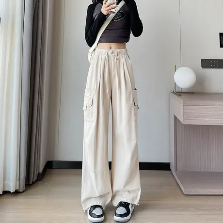 米白色工装裤女秋冬2023新款高腰抽绳束脚登山裤阔腿美式运动裤子商品大图