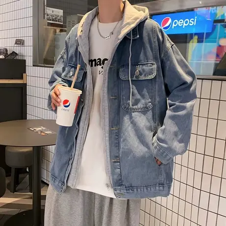 秋季连帽牛仔外套男宽松潮流帅气港风假两件上衣服ins潮牌夹克衫商品大图