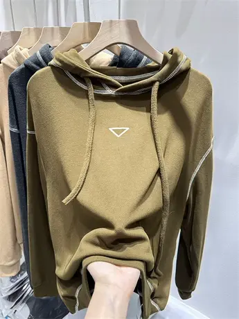 欧货休闲德绒连帽卫衣女2023秋冬装新款磨毛保暖上衣明线三角形潮商品大图