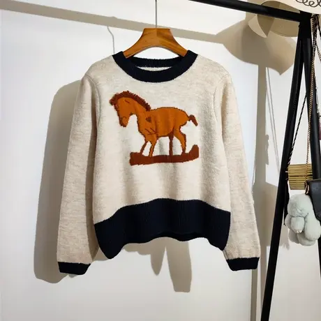 卡通毛衣女宽松套头2023秋冬新款可爱小马时尚针织打底衫上衣外穿商品大图