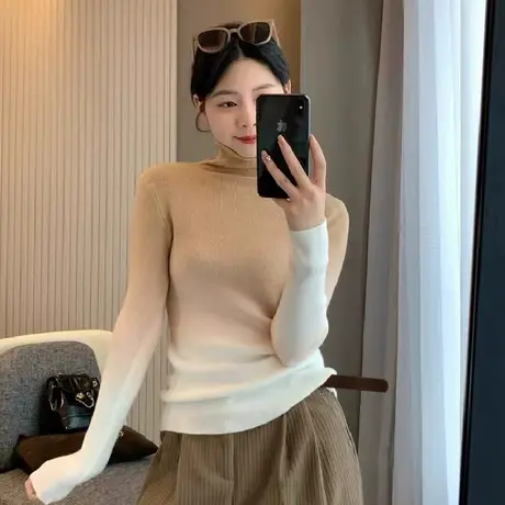 甜美风渐变色堆堆领气质打底衫韩版简约时尚舒适撞色高领针织衫商品大图