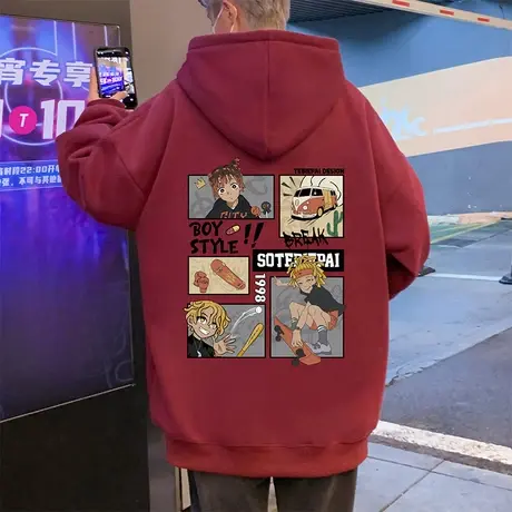 酒红色连帽加绒卫衣男秋冬季新款宽松潮牌国风动漫帽衫情侣装外套图片