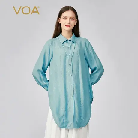VOA真丝提花冠乐绉POLO领单排扣弧形摆时尚简约长袖桑蚕丝衬衫图片