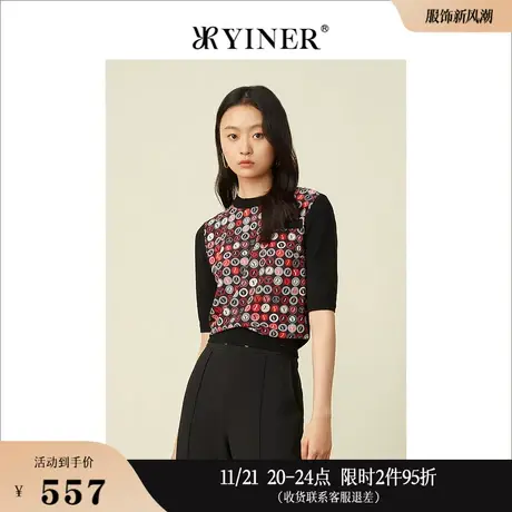 YINER音儿女装春季艺术图案五分袖圆领针织衫套头图片