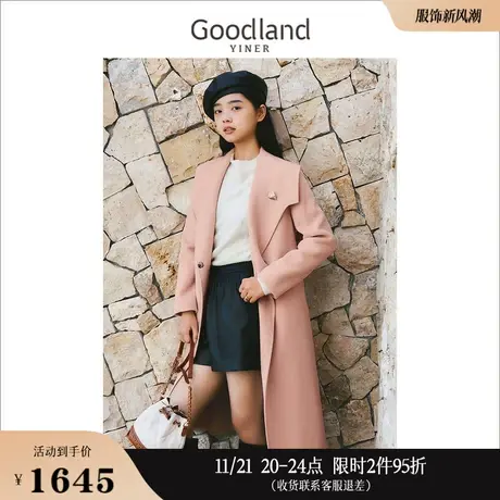 【中国红】Goodland美地女装冬季100绵羊毛翻领双面呢大衣外套商品大图