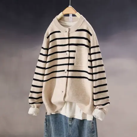 22091圆领条纹春秋新款韩版宽松长袖针织毛衣百搭上衣开衫外套女商品大图