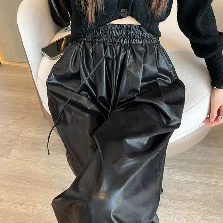 pu皮阔腿长裤女春秋韩版2024新款高腰显瘦抽绳松紧设计感休闲裤潮商品大图