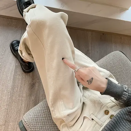 加绒哈伦牛仔裤女高腰直筒宽松秋冬季薄绒小个子显瘦米白色老爹裤商品大图