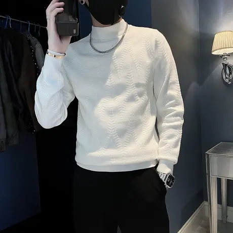 秋冬半高领毛衣男2023新款纯色网红提花针织衫修身内搭线衣体恤商品大图