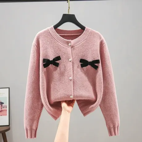 2023春秋新款纯色圆领针织衫女士百搭蝴蝶结长袖毛衣女士开衫外套商品大图