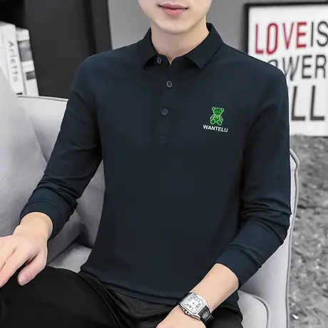 翻领t恤男士长袖珠地棉polo衫潮牌潮流小熊保罗带领打底衫秋衣服商品大图