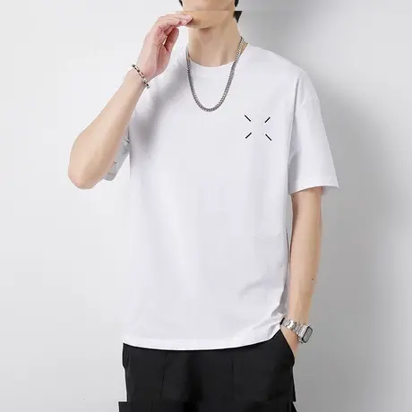 夏季简约白色休闲短袖T恤男士百搭休闲潮流半袖棉感体恤上衣潮牌商品大图