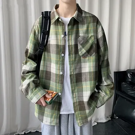 港风格子衬衫男士夏季薄款宽松休闲外套男装潮牌潮流学生长袖衬衣商品大图