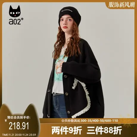 a02潮流针织外套开衫女2025秋季新品宽松V领猫咪毛衣时尚休闲上衣商品大图