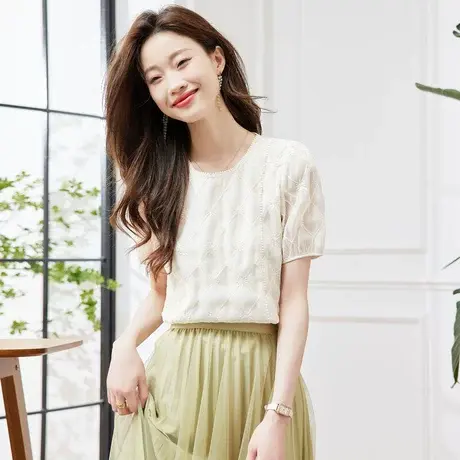 时尚气质圆领短袖衬衫2023年夏季新款淑女温柔甜美宽松显瘦上衣商品大图