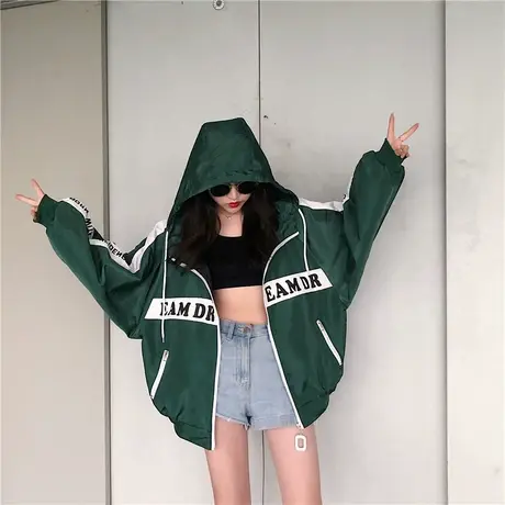 少女2023春秋装新款宽松印花连帽上衣初中高中学生韩版棒球服外套商品大图